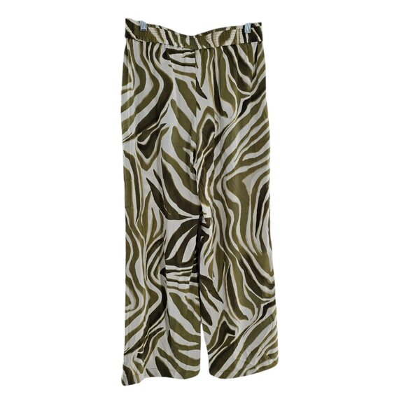 Joie Olive Green Zebra Print Satin Pull On Wide Leg Pants Size Med Boho Tropical - Picture 1 of 8